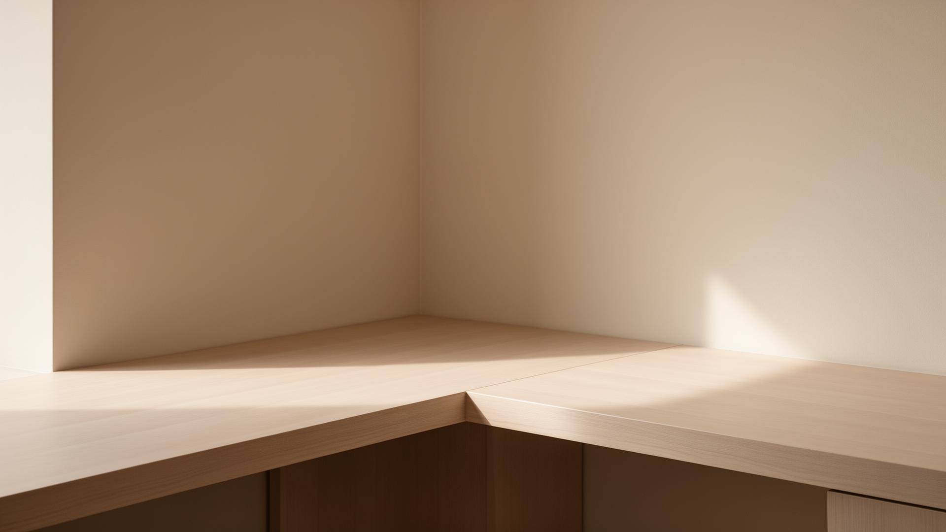 Espace de travail épuré du cabinet, lumière douce sur bois clair.