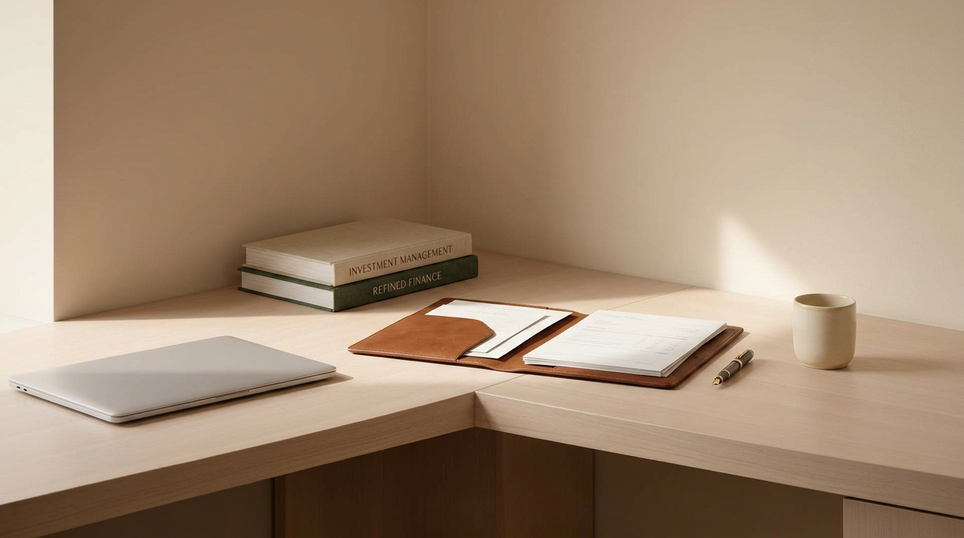 Espace de travail épuré du cabinet, lumière douce sur bois clair.